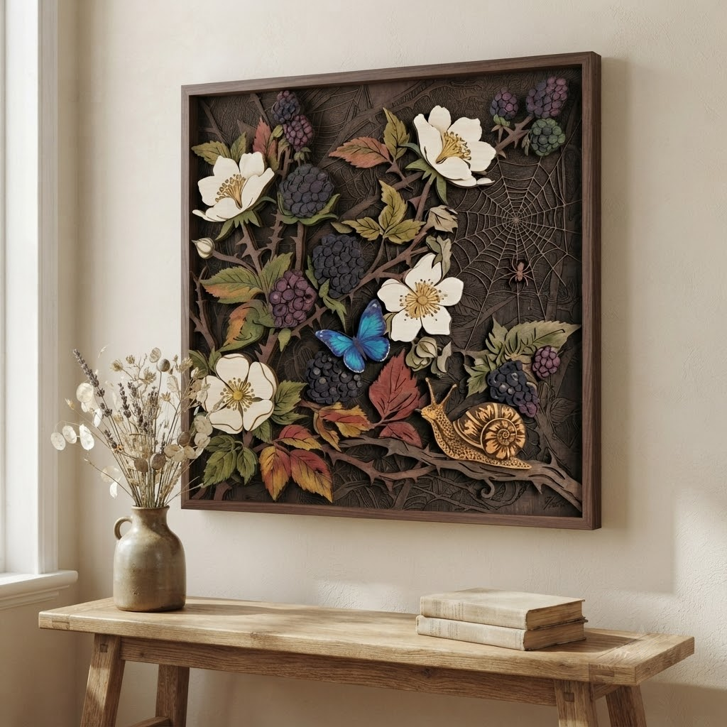 Blackberry Wooden Sign, 3 Layer Botanical Wall Decor, Woodland Floral Wall Art, Rustic Cottagecore Home Decor, Nature Gift