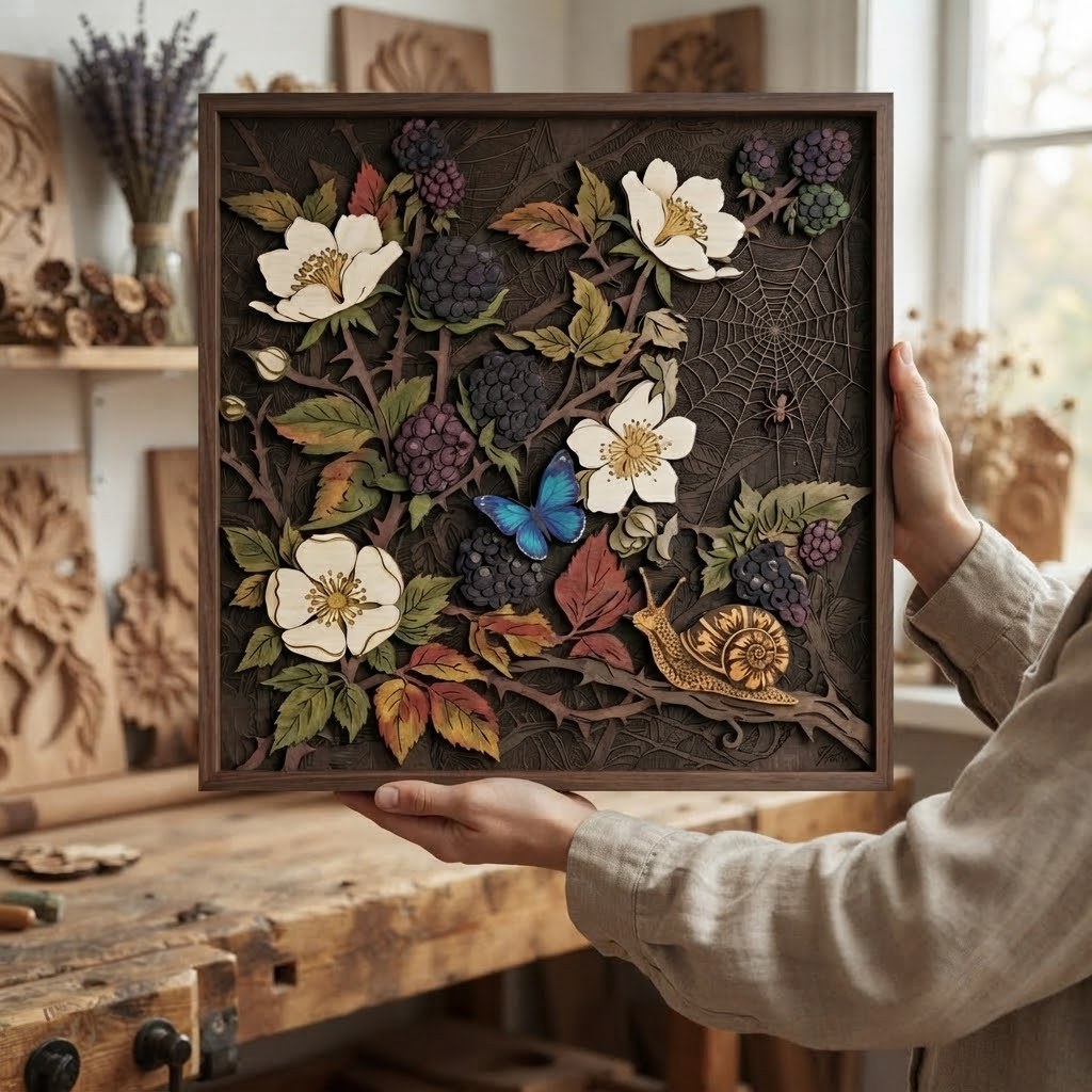 Blackberry Wooden Sign, 3 Layer Botanical Wall Decor, Woodland Floral Wall Art, Rustic Cottagecore Home Decor, Nature Gift