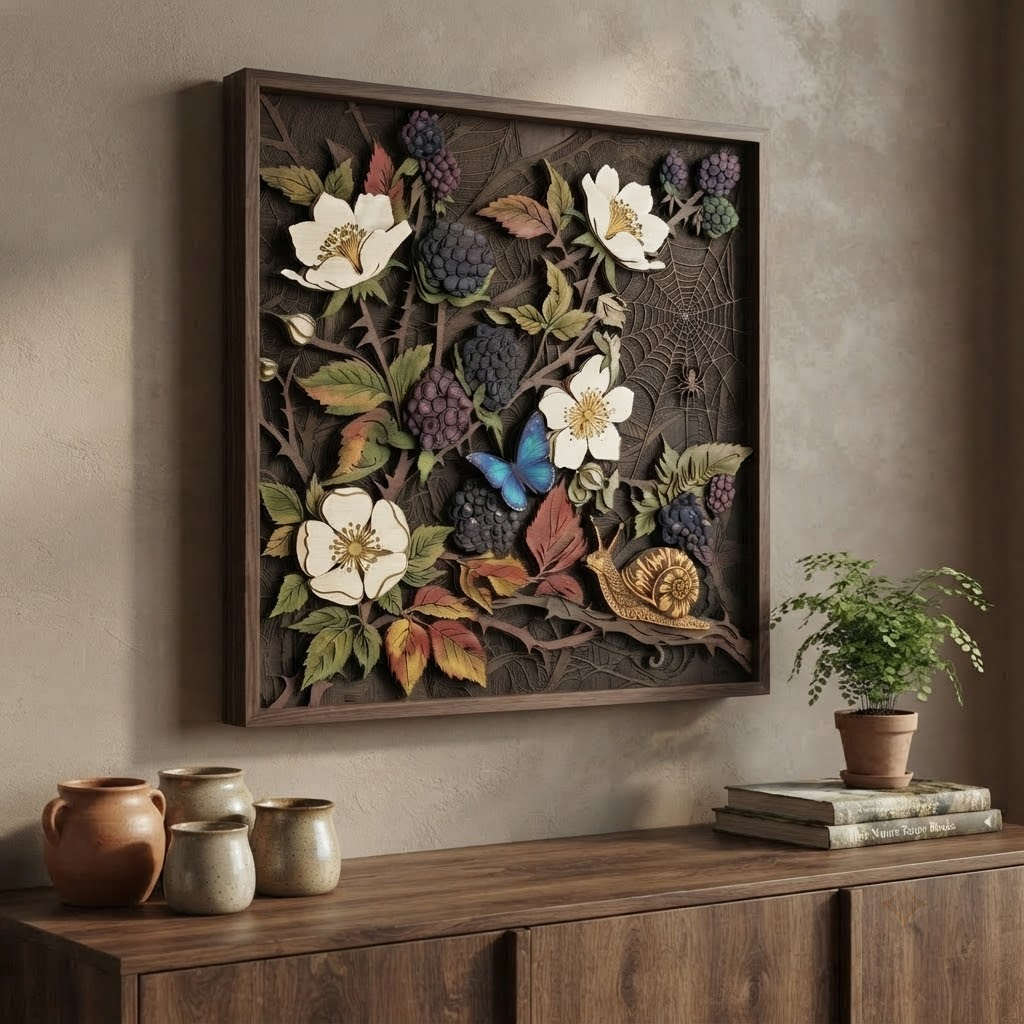 Blackberry Wooden Sign, 3 Layer Botanical Wall Decor, Woodland Floral Wall Art, Rustic Cottagecore Home Decor, Nature Gift