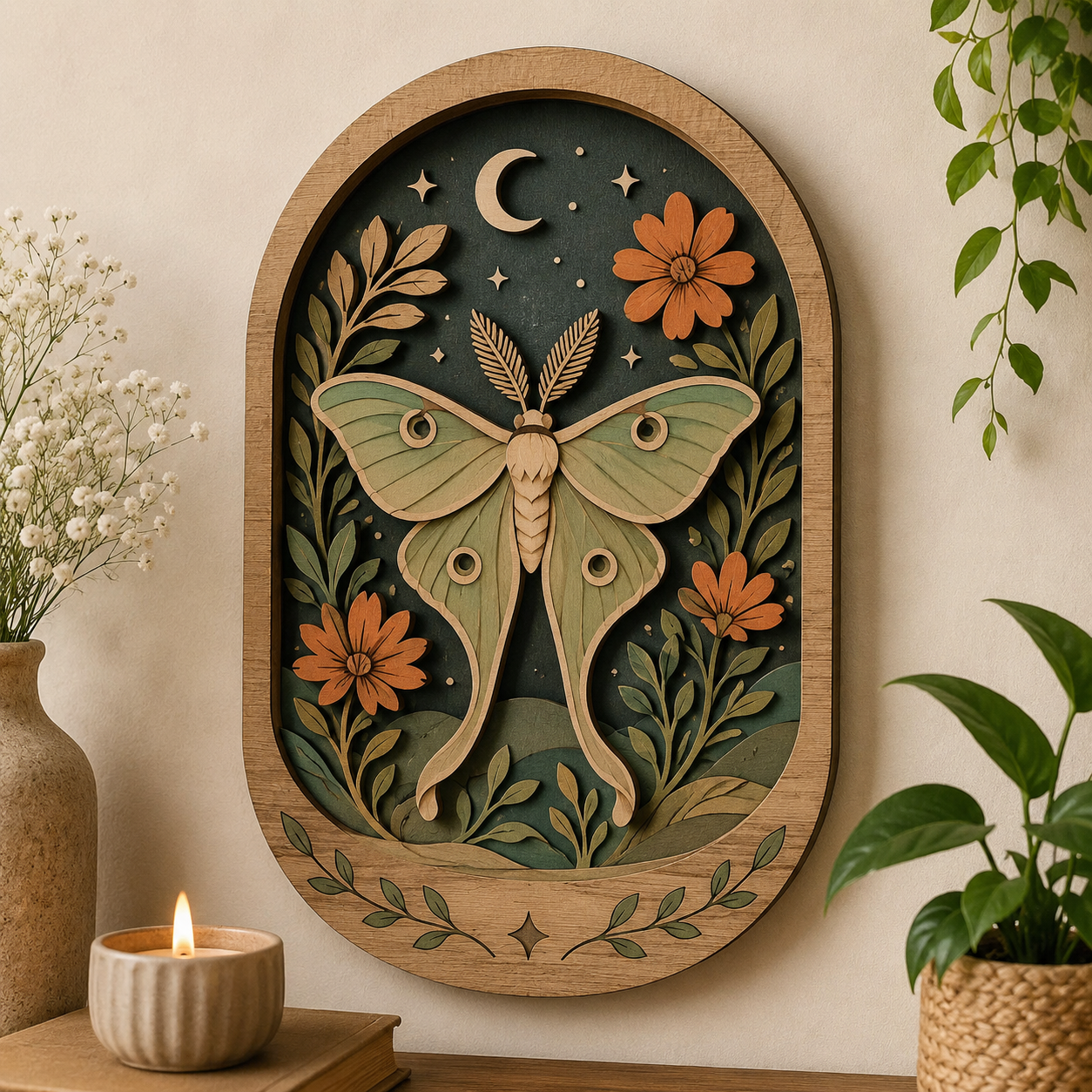 Luna Moth Wooden Sign, 3 Layer Wood Wall Art, Botanical Moon Decor, Cottagecore Wall Decor, Boho Nature Sign, Witchy Home Decor