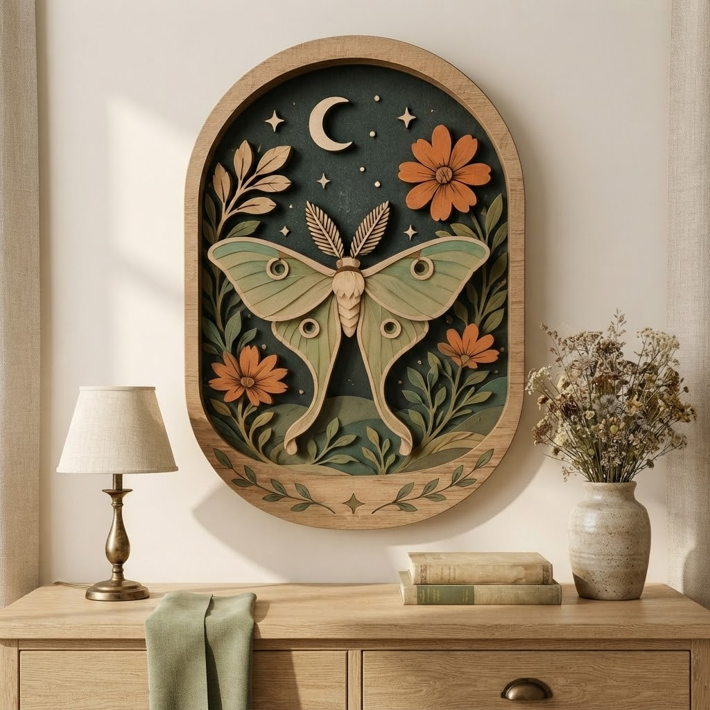 Luna Moth Wooden Sign, 3 Layer Wood Wall Art, Botanical Moon Decor, Cottagecore Wall Decor, Boho Nature Sign, Witchy Home Decor