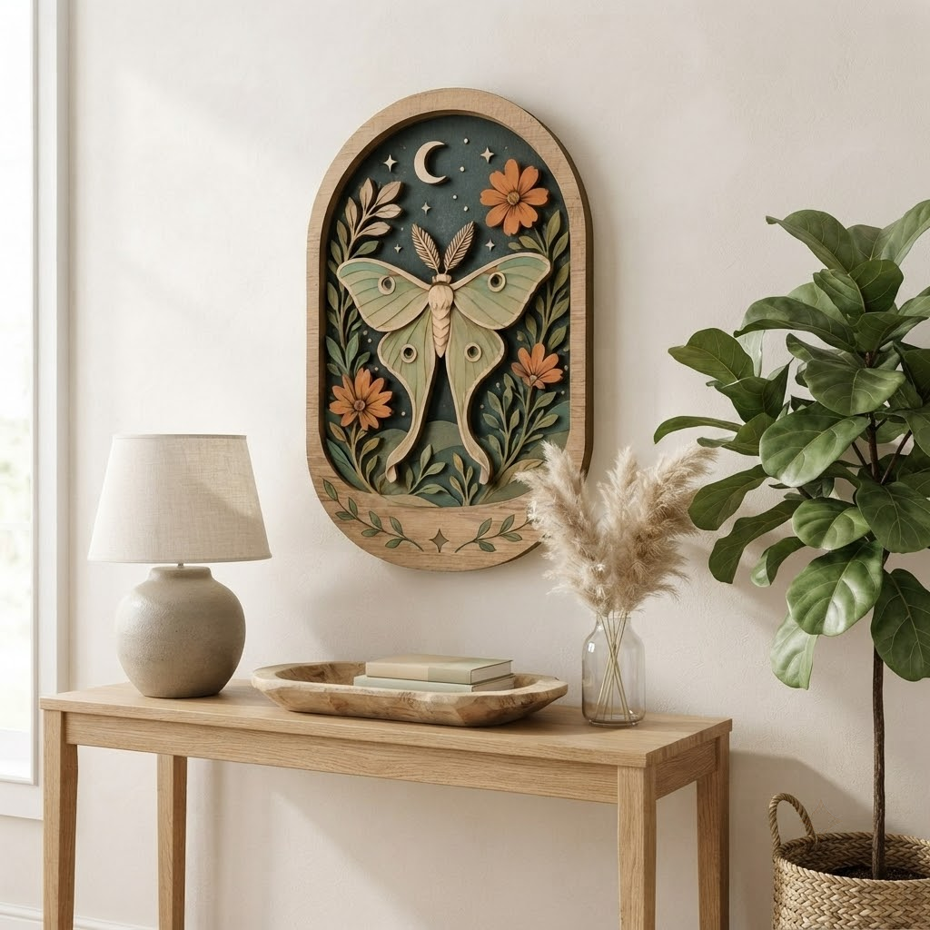 Luna Moth Wooden Sign, 3 Layer Wood Wall Art, Botanical Moon Decor, Cottagecore Wall Decor, Boho Nature Sign, Witchy Home Decor