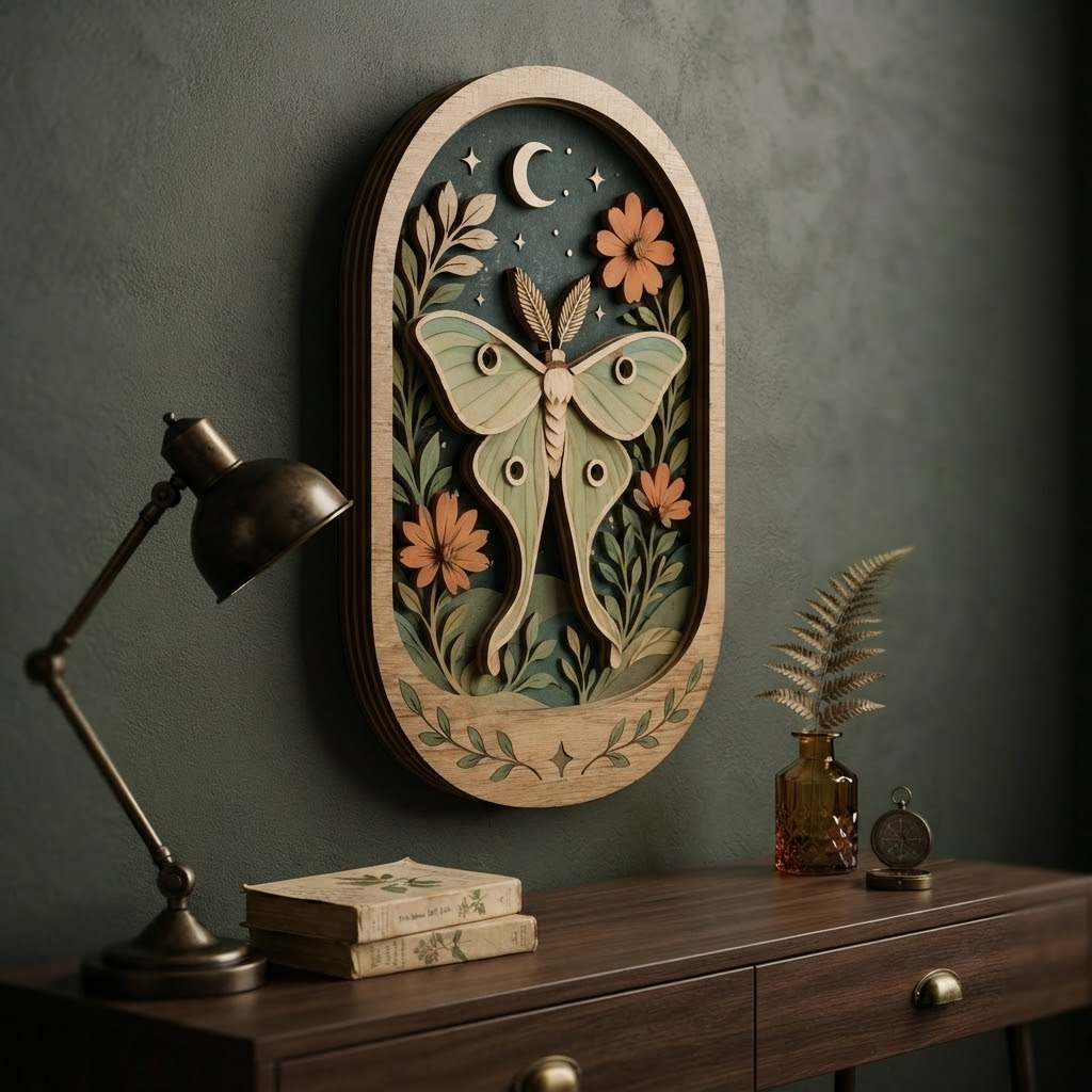 Luna Moth Wooden Sign, 3 Layer Wood Wall Art, Botanical Moon Decor, Cottagecore Wall Decor, Boho Nature Sign, Witchy Home Decor