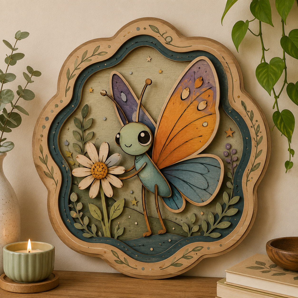 Cute Butterfly Wooden Sign, 3 Layer Wooden Wall Art, Floral Nursery Decor, Whimsical Insect Sign, Nature Room Decor, Kids Wall Decor