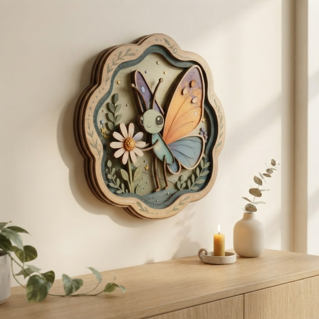 Cute Butterfly Wooden Sign, 3 Layer Wooden Wall Art, Floral Nursery Decor, Whimsical Insect Sign, Nature Room Decor, Kids Wall Decor