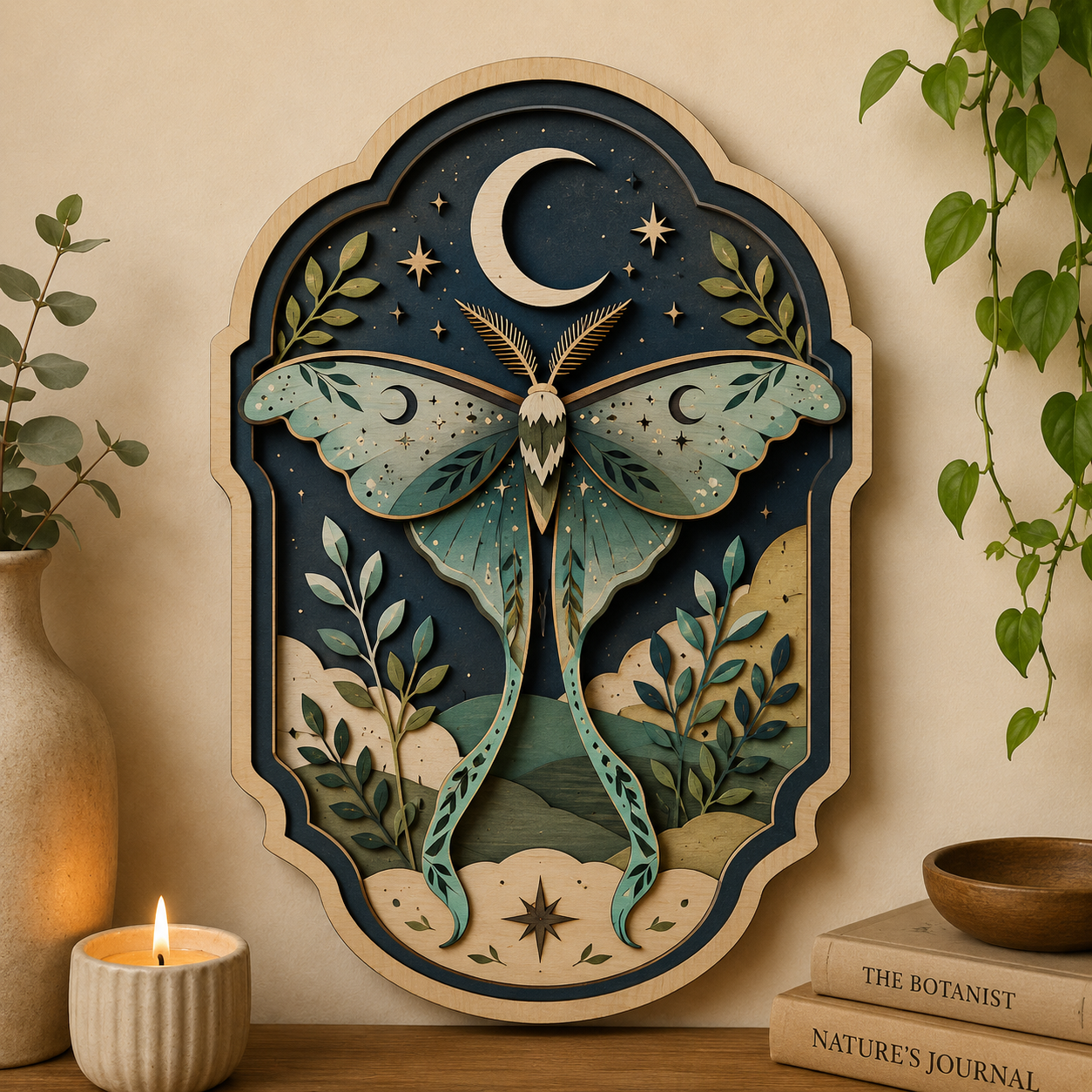 Luna Moth Wooden Sign, 3 Layer Wooden Wall Art, Celestial Botanical Decor, Moon Wall Hanging, Cottagecore Home Decor