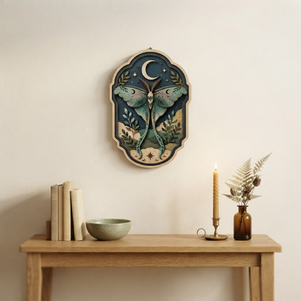 Luna Moth Wooden Sign, 3 Layer Wooden Wall Art, Celestial Botanical Decor, Moon Wall Hanging, Cottagecore Home Decor