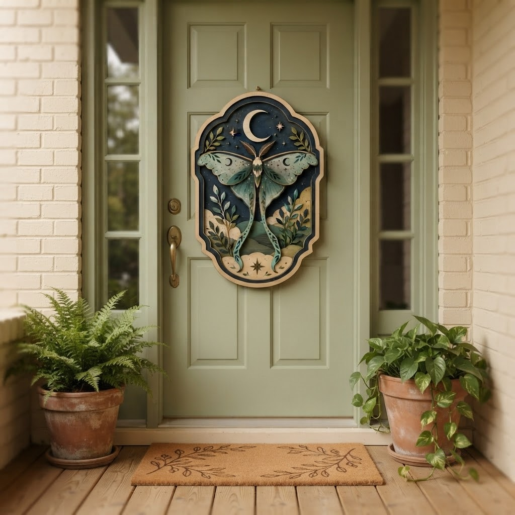 Luna Moth Wooden Sign, 3 Layer Wooden Wall Art, Celestial Botanical Decor, Moon Wall Hanging, Cottagecore Home Decor