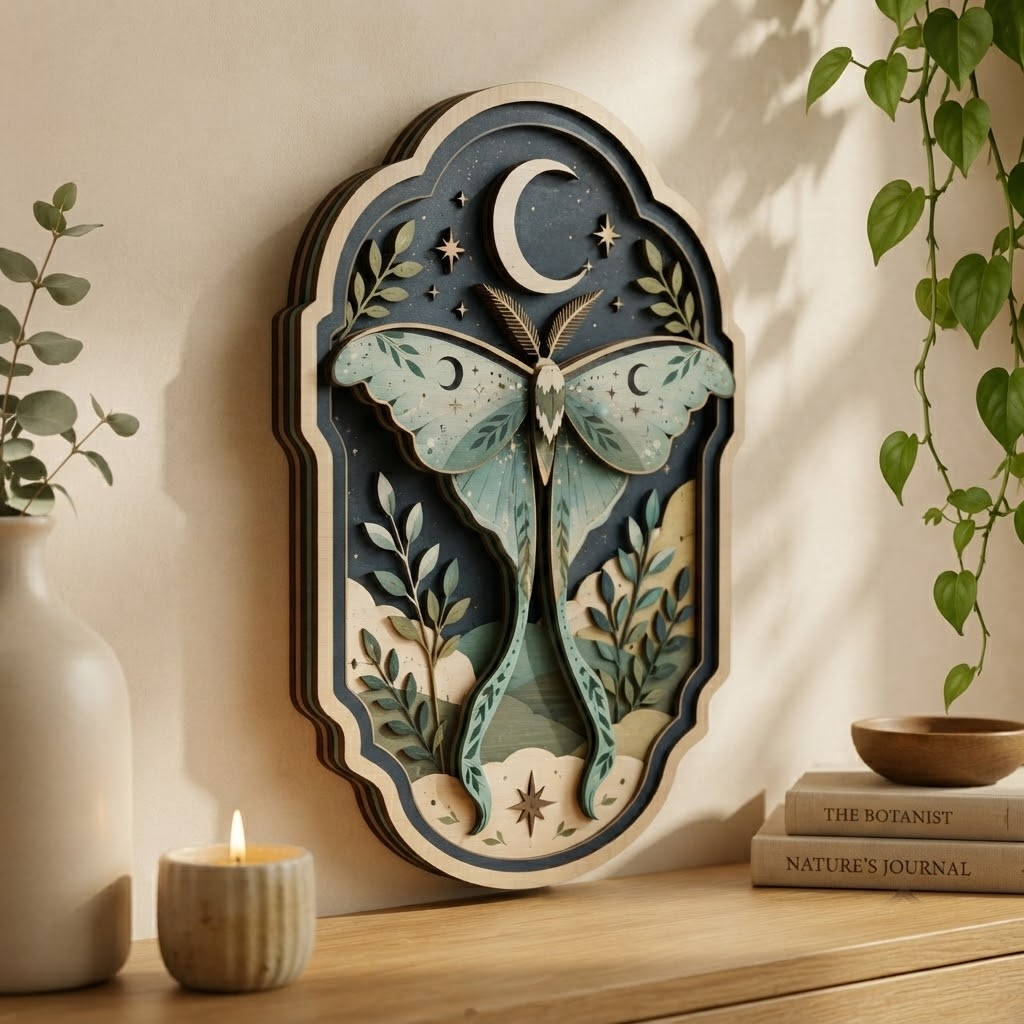 Luna Moth Wooden Sign, 3 Layer Wooden Wall Art, Celestial Botanical Decor, Moon Wall Hanging, Cottagecore Home Decor