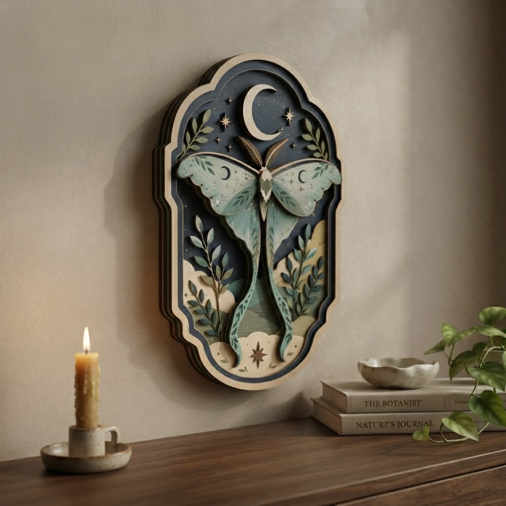Luna Moth Wooden Sign, 3 Layer Wooden Wall Art, Celestial Botanical Decor, Moon Wall Hanging, Cottagecore Home Decor