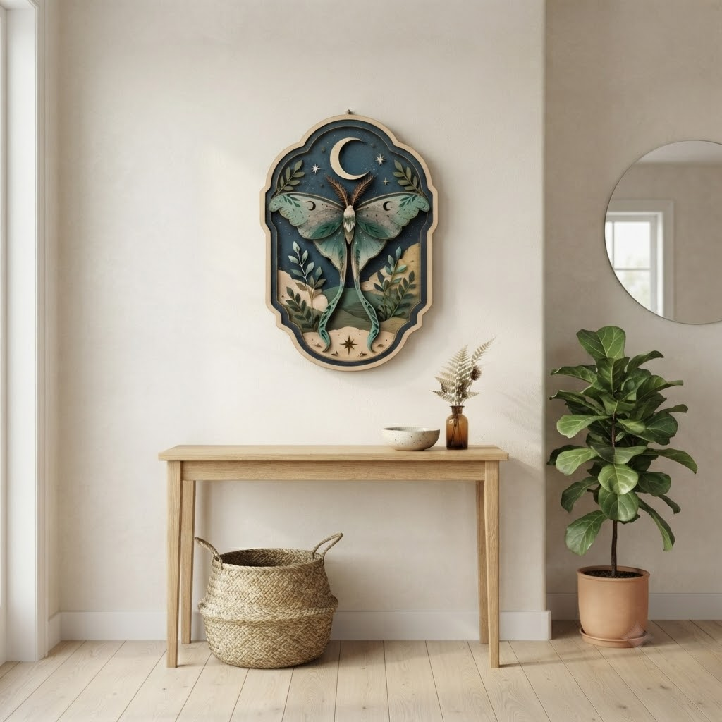 Luna Moth Wooden Sign, 3 Layer Wooden Wall Art, Celestial Botanical Decor, Moon Wall Hanging, Cottagecore Home Decor