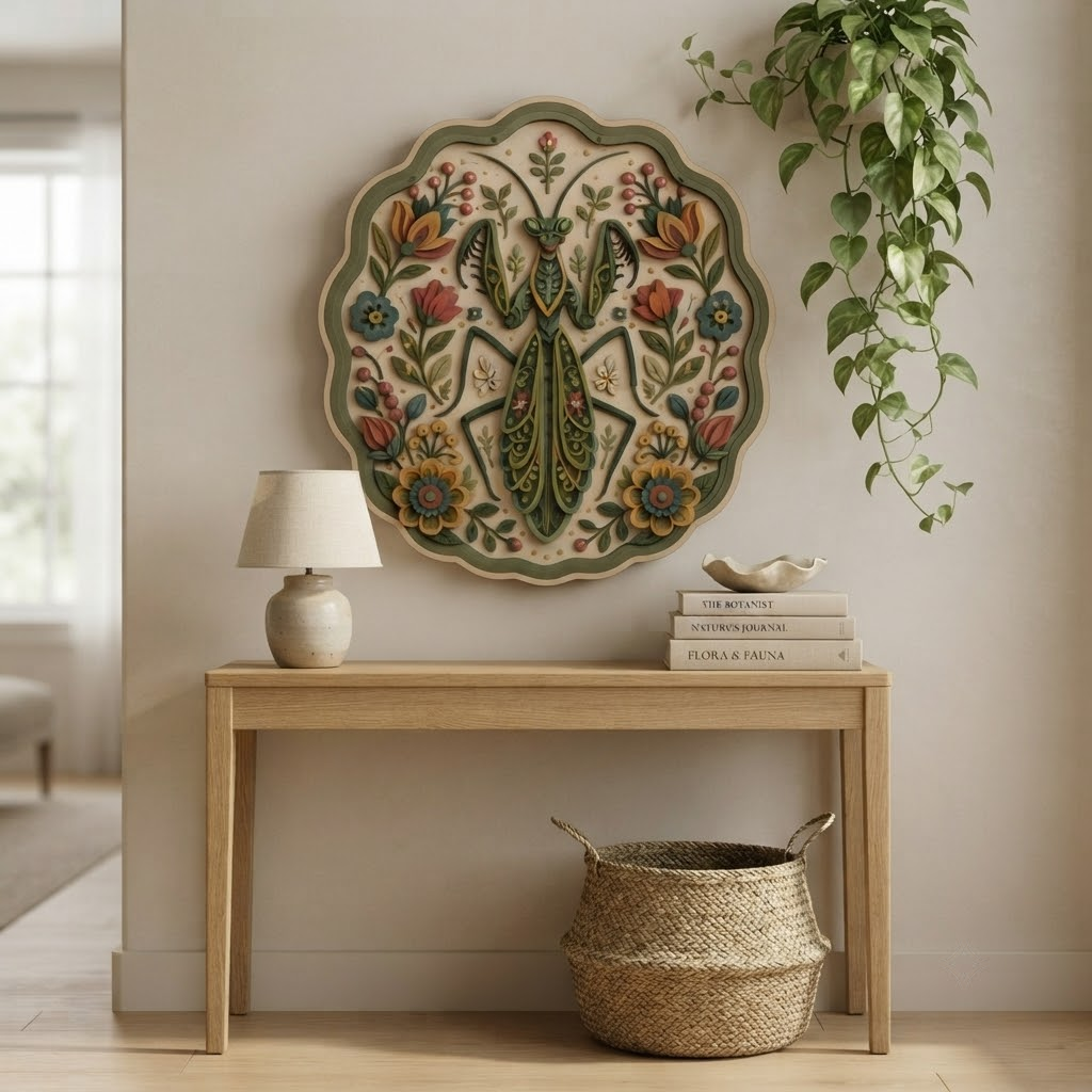Praying Mantis Wooden Sign, 3 Layer Wood Wall Art, Botanical Insect Decor, Whimsical Nature Sign, Cottagecore Floral Wall Decor