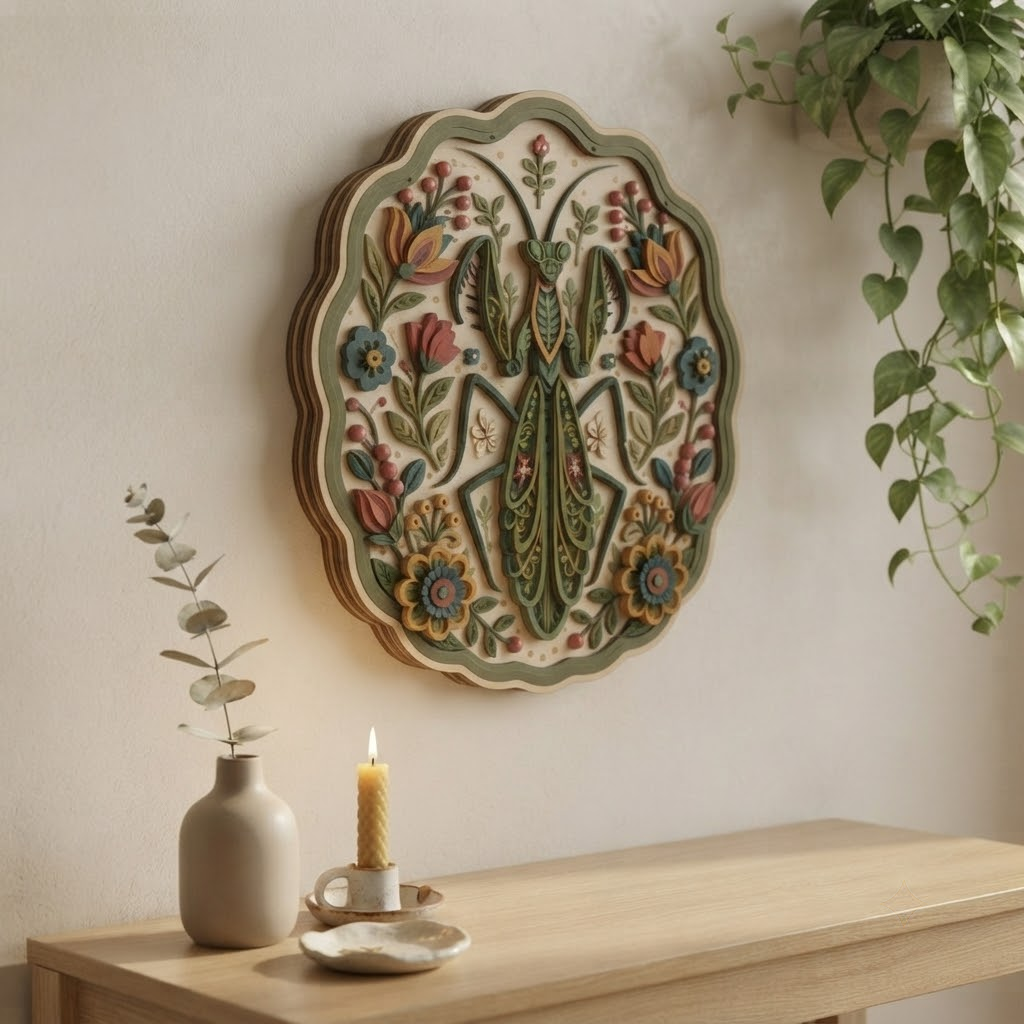 Praying Mantis Wooden Sign, 3 Layer Wood Wall Art, Botanical Insect Decor, Whimsical Nature Sign, Cottagecore Floral Wall Decor