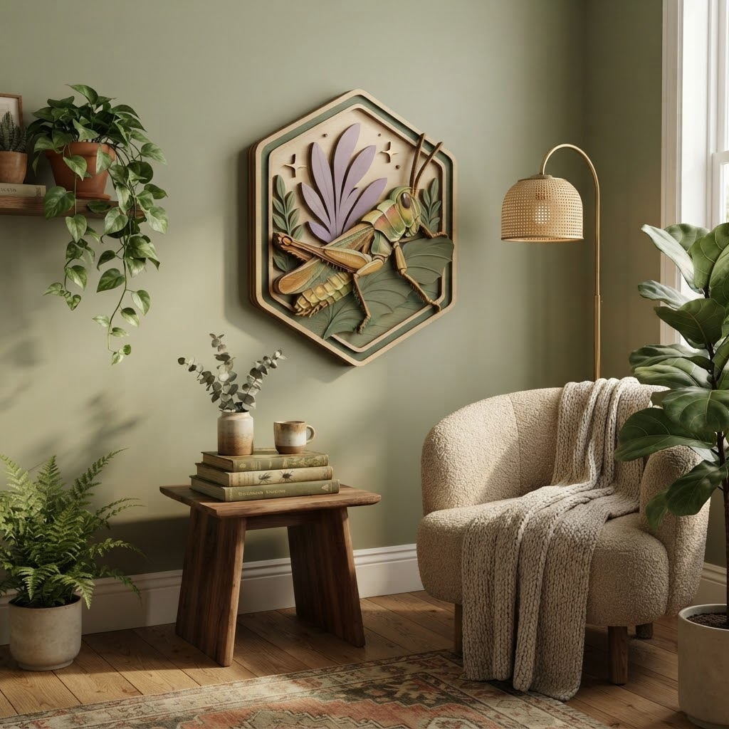 Grasshopper Wooden Sign, 3 Layer Wood Wall Art, Botanical Insect Decor, Nature Wall Hanging, Cottagecore Wooden Sign, Hexagon Decor