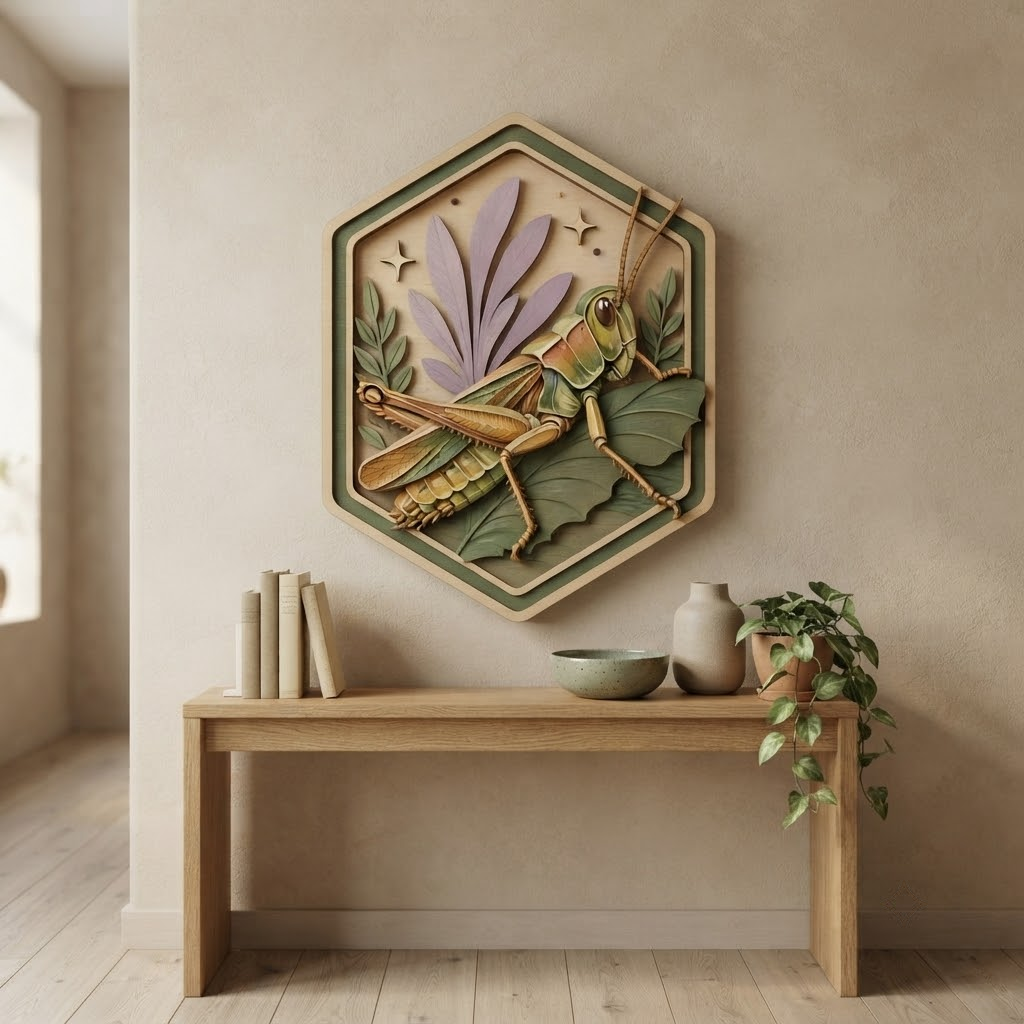 Grasshopper Wooden Sign, 3 Layer Wood Wall Art, Botanical Insect Decor, Nature Wall Hanging, Cottagecore Wooden Sign, Hexagon Decor