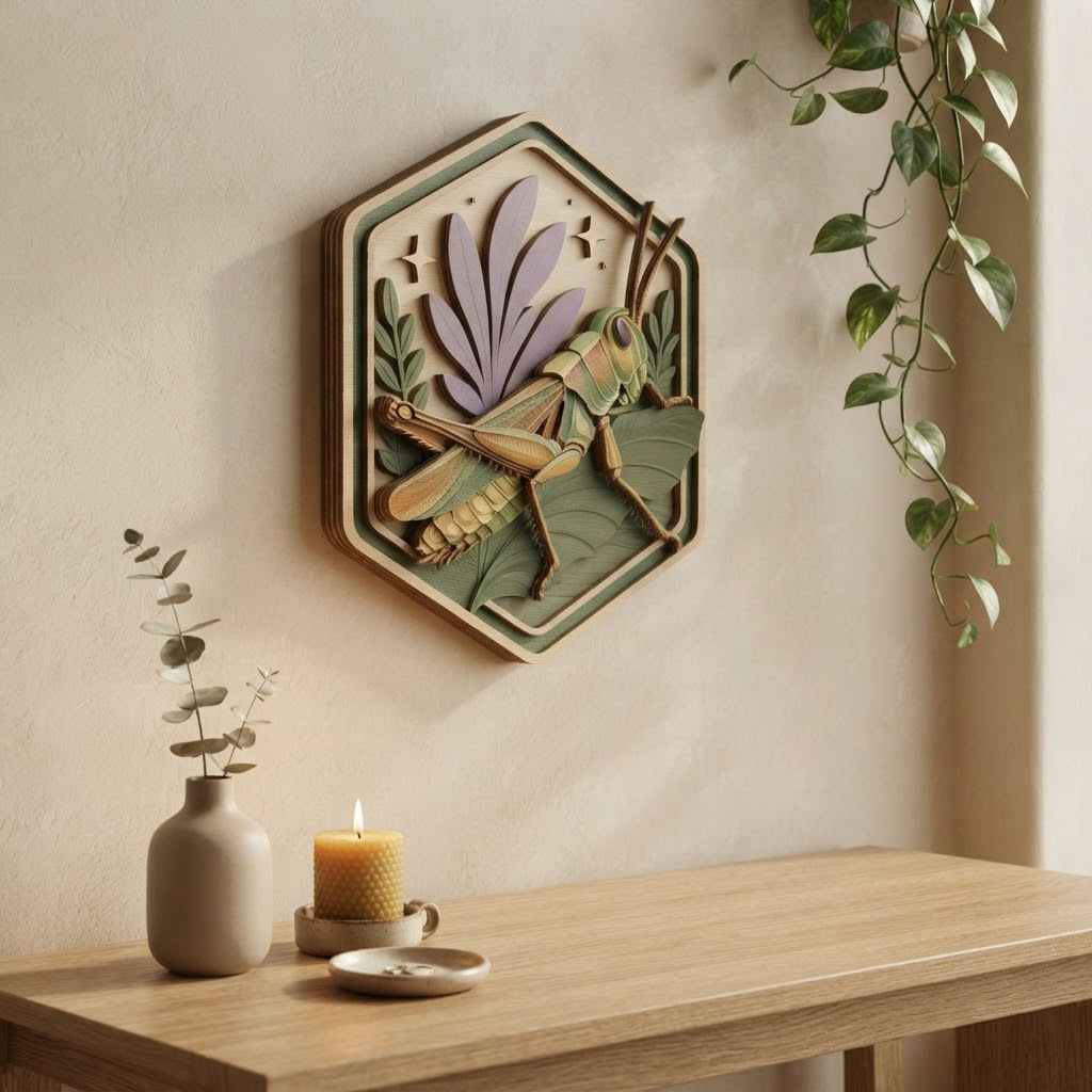 Grasshopper Wooden Sign, 3 Layer Wood Wall Art, Botanical Insect Decor, Nature Wall Hanging, Cottagecore Wooden Sign, Hexagon Decor
