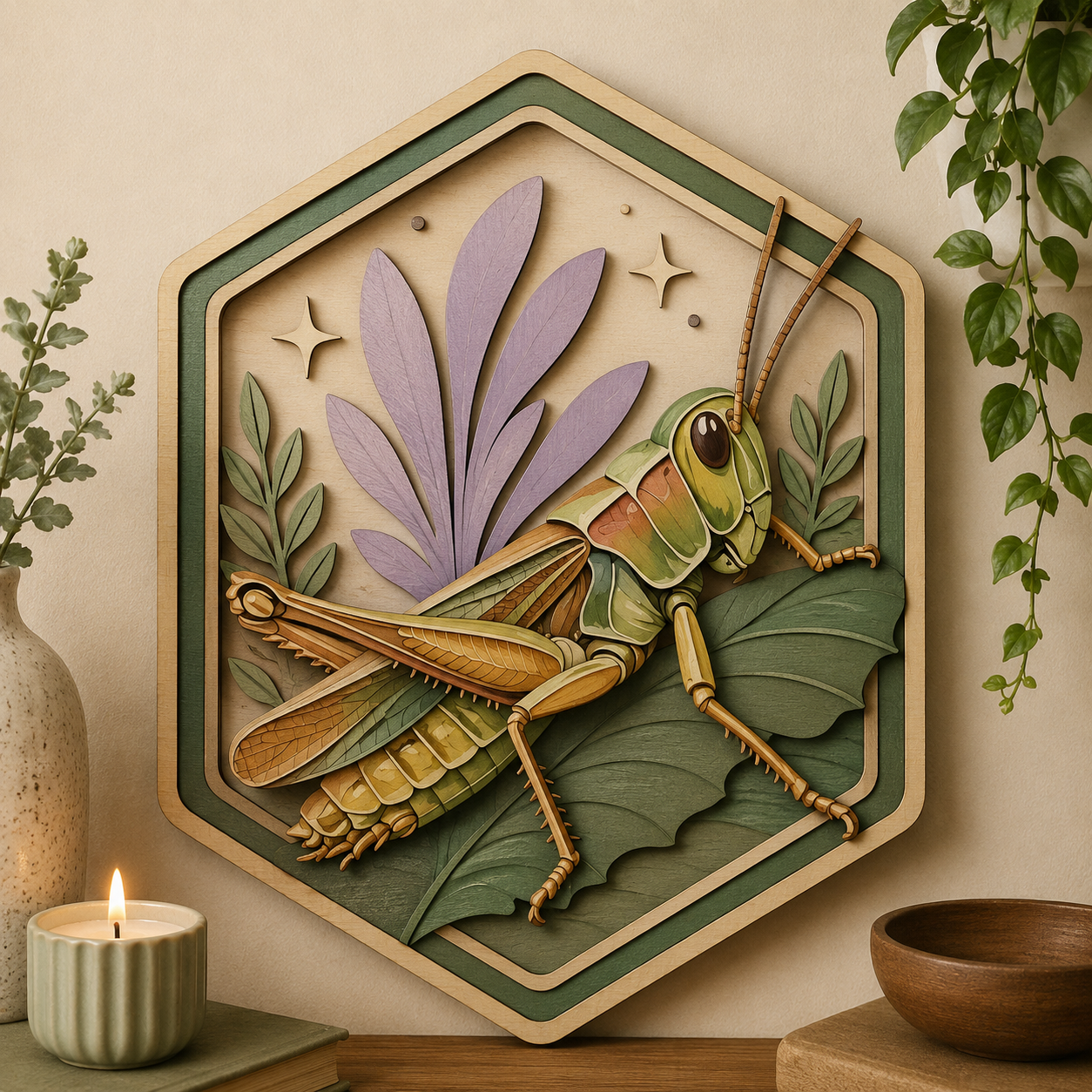 Grasshopper Wooden Sign, 3 Layer Wood Wall Art, Botanical Insect Decor, Nature Wall Hanging, Cottagecore Wooden Sign, Hexagon Decor