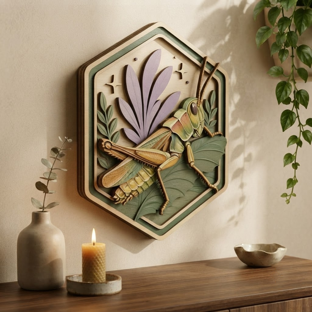 Grasshopper Wooden Sign, 3 Layer Wood Wall Art, Botanical Insect Decor, Nature Wall Hanging, Cottagecore Wooden Sign, Hexagon Decor
