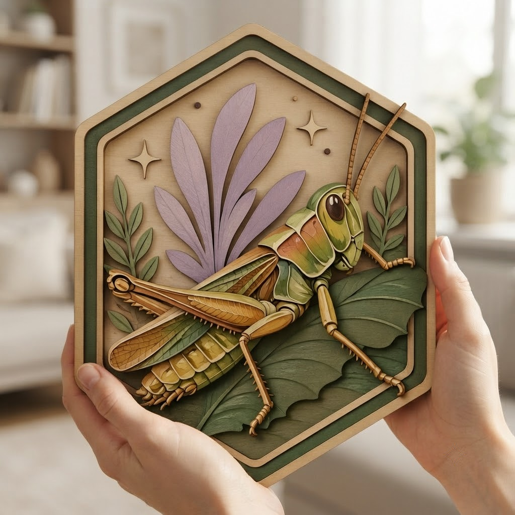 Grasshopper Wooden Sign, 3 Layer Wood Wall Art, Botanical Insect Decor, Nature Wall Hanging, Cottagecore Wooden Sign, Hexagon Decor
