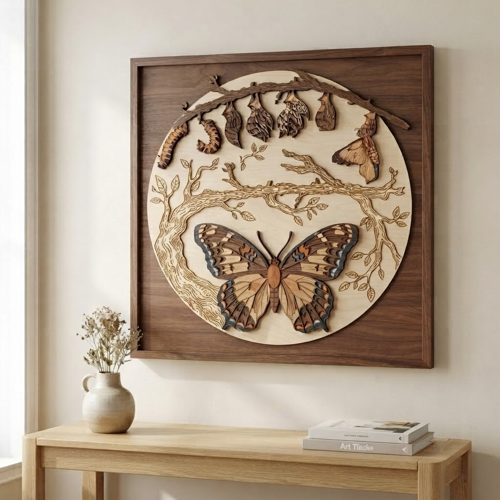 Butterfly Life Cycle Wooden Sign, 3 Layer Wood Wall Art, Butterfly Metamorphosis Decor, Nature Wall Hanging, Rustic Botanical Sign