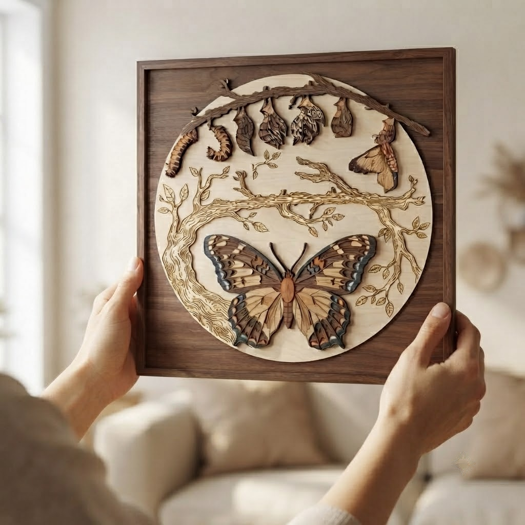 Butterfly Life Cycle Wooden Sign, 3 Layer Wood Wall Art, Butterfly Metamorphosis Decor, Nature Wall Hanging, Rustic Botanical Sign