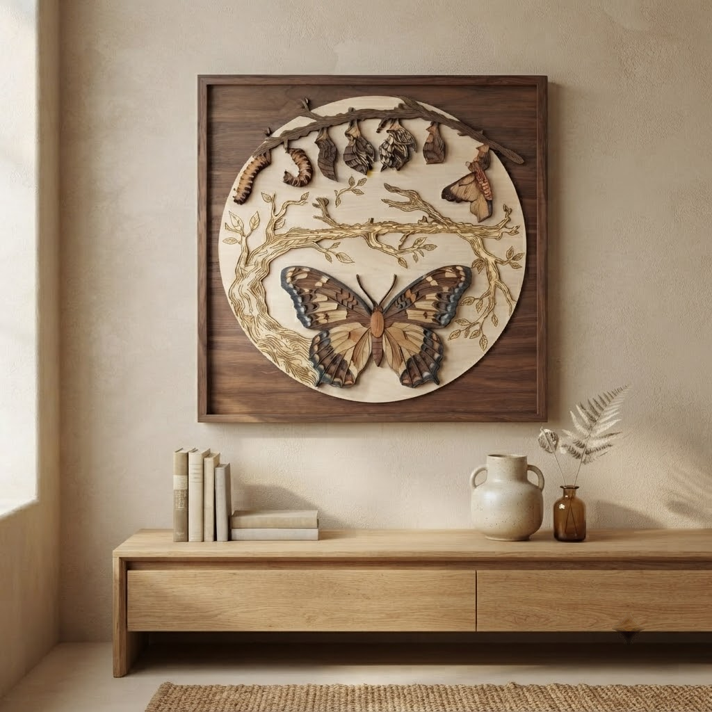 Butterfly Life Cycle Wooden Sign, 3 Layer Wood Wall Art, Butterfly Metamorphosis Decor, Nature Wall Hanging, Rustic Botanical Sign