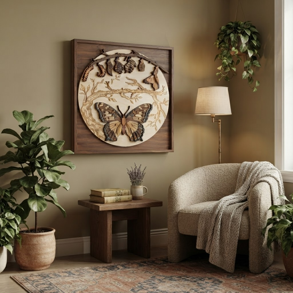 Butterfly Life Cycle Wooden Sign, 3 Layer Wood Wall Art, Butterfly Metamorphosis Decor, Nature Wall Hanging, Rustic Botanical Sign