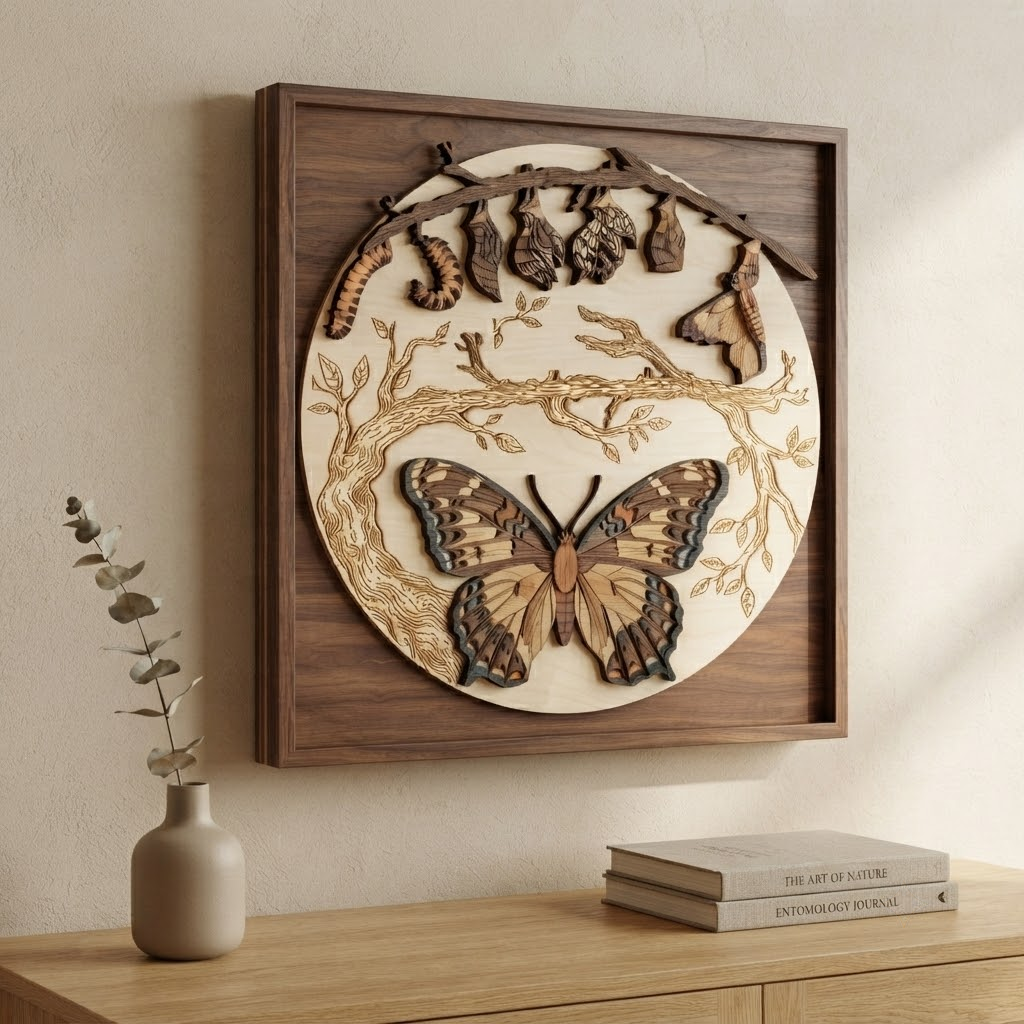 Butterfly Life Cycle Wooden Sign, 3 Layer Wood Wall Art, Butterfly Metamorphosis Decor, Nature Wall Hanging, Rustic Botanical Sign