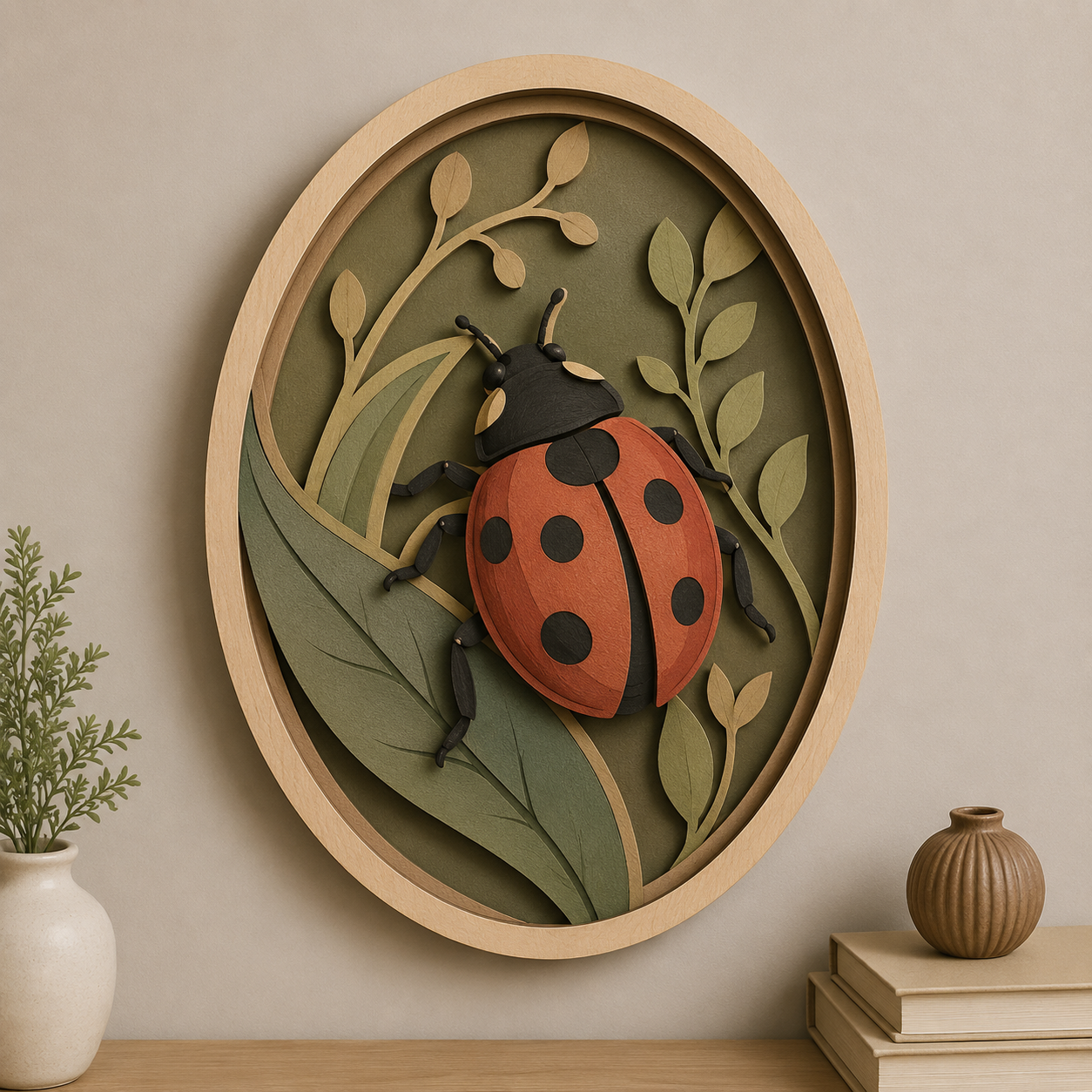 Ladybug Wooden Sign, 3 Layer Wood Wall Art, Botanical Insect Decor, Nature Wall Hanging, Oval Cottagecore Decor