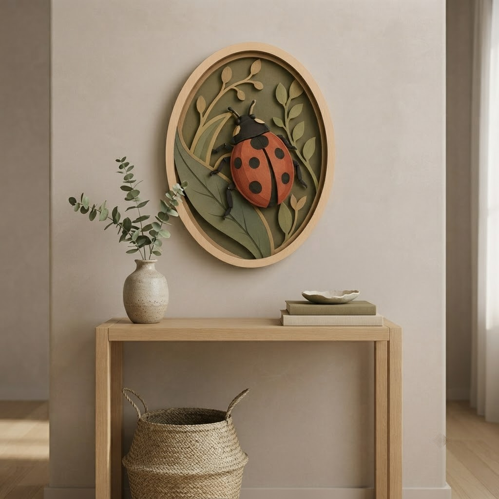 Ladybug Wooden Sign, 3 Layer Wood Wall Art, Botanical Insect Decor, Nature Wall Hanging, Oval Cottagecore Decor