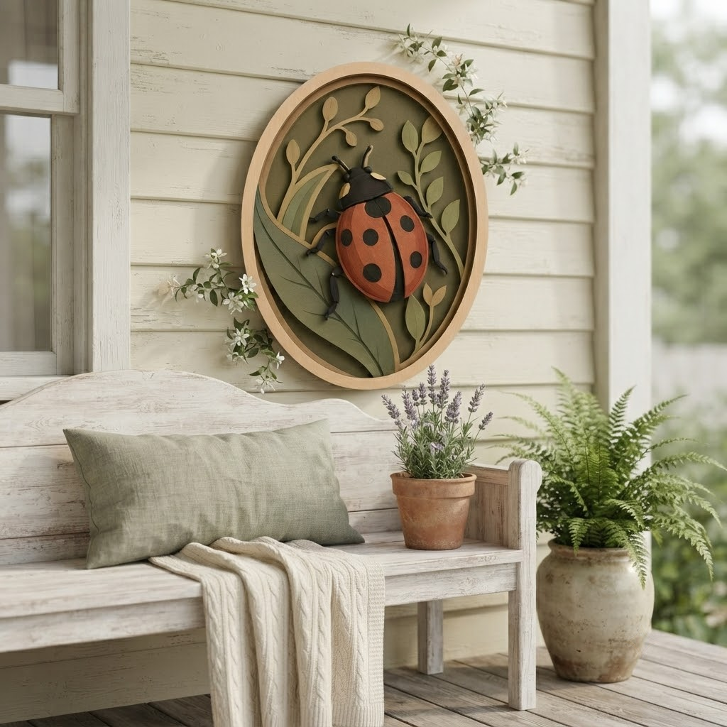 Ladybug Wooden Sign, 3 Layer Wood Wall Art, Botanical Insect Decor, Nature Wall Hanging, Oval Cottagecore Decor