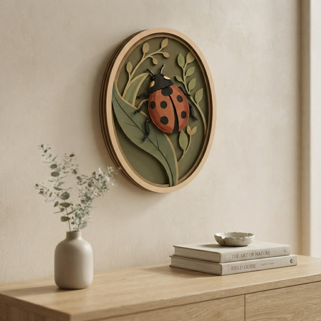 Ladybug Wooden Sign, 3 Layer Wood Wall Art, Botanical Insect Decor, Nature Wall Hanging, Oval Cottagecore Decor