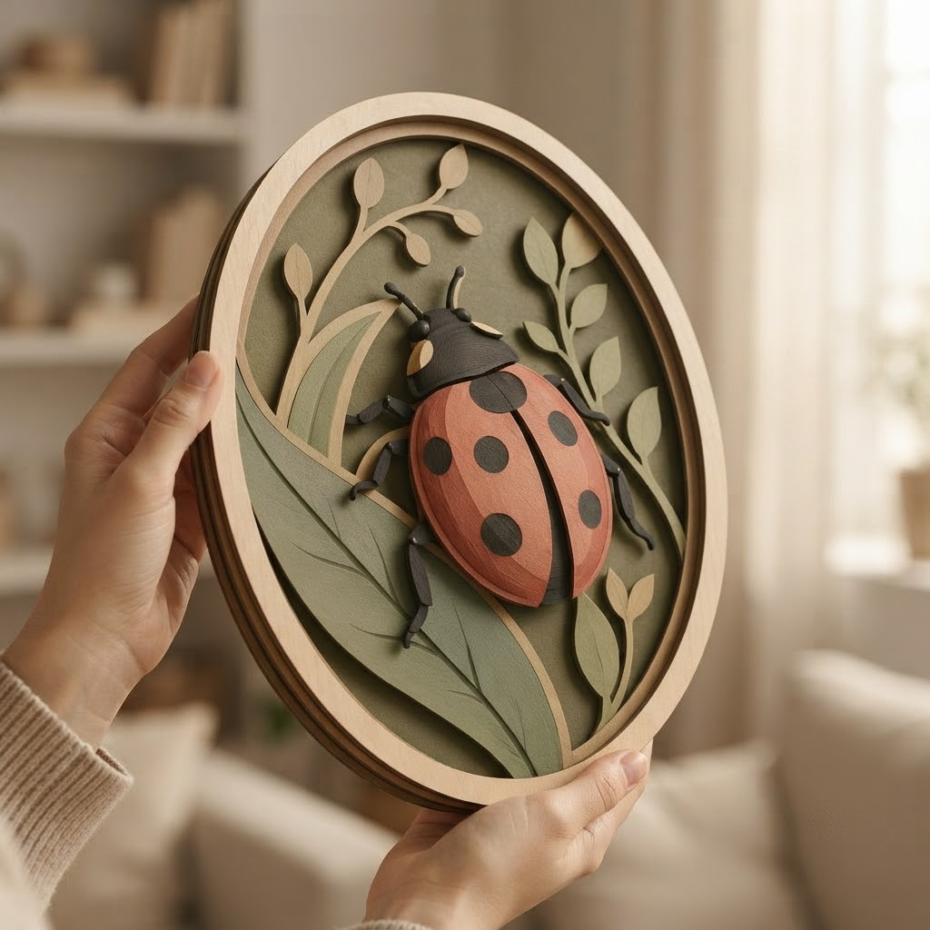 Ladybug Wooden Sign, 3 Layer Wood Wall Art, Botanical Insect Decor, Nature Wall Hanging, Oval Cottagecore Decor