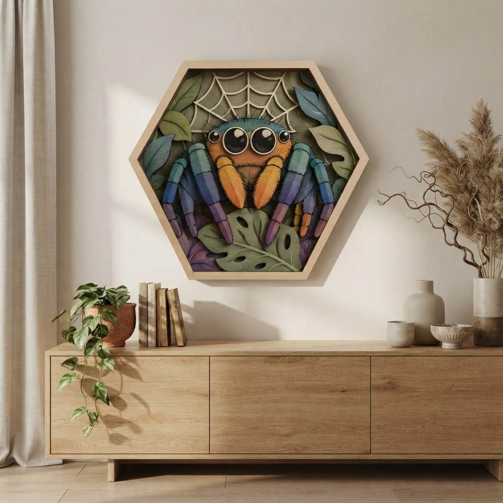 Colorful Spider Wooden Sign, 3 Layer Halloween Wall Decor, Tarantula Botanical Wood Art, Gothic Nature Decor, Spider Lover Gift