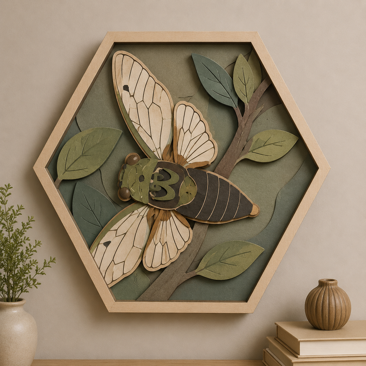Cicada Wooden Sign 3 Layer, Hexagon Insect Wall Decor, Nature Inspired Wood Plaque, Botanical Rustic Home Decor, Bug Lover Gift