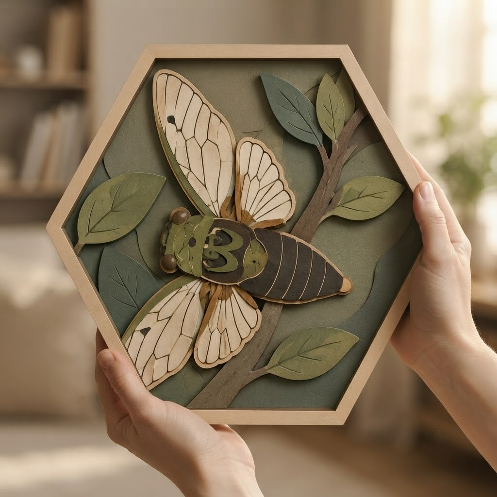 Cicada Wooden Sign 3 Layer, Hexagon Insect Wall Decor, Nature Inspired Wood Plaque, Botanical Rustic Home Decor, Bug Lover Gift