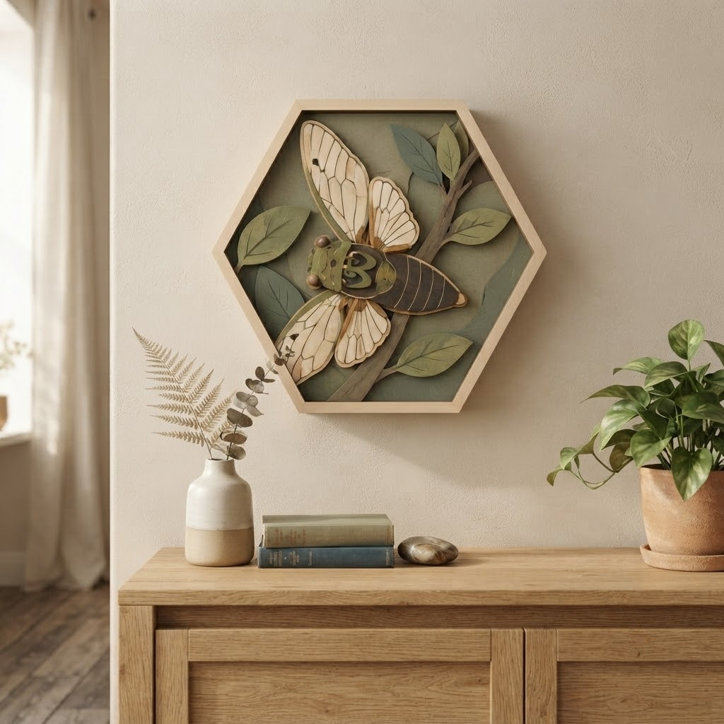 Cicada Wooden Sign 3 Layer, Hexagon Insect Wall Decor, Nature Inspired Wood Plaque, Botanical Rustic Home Decor, Bug Lover Gift