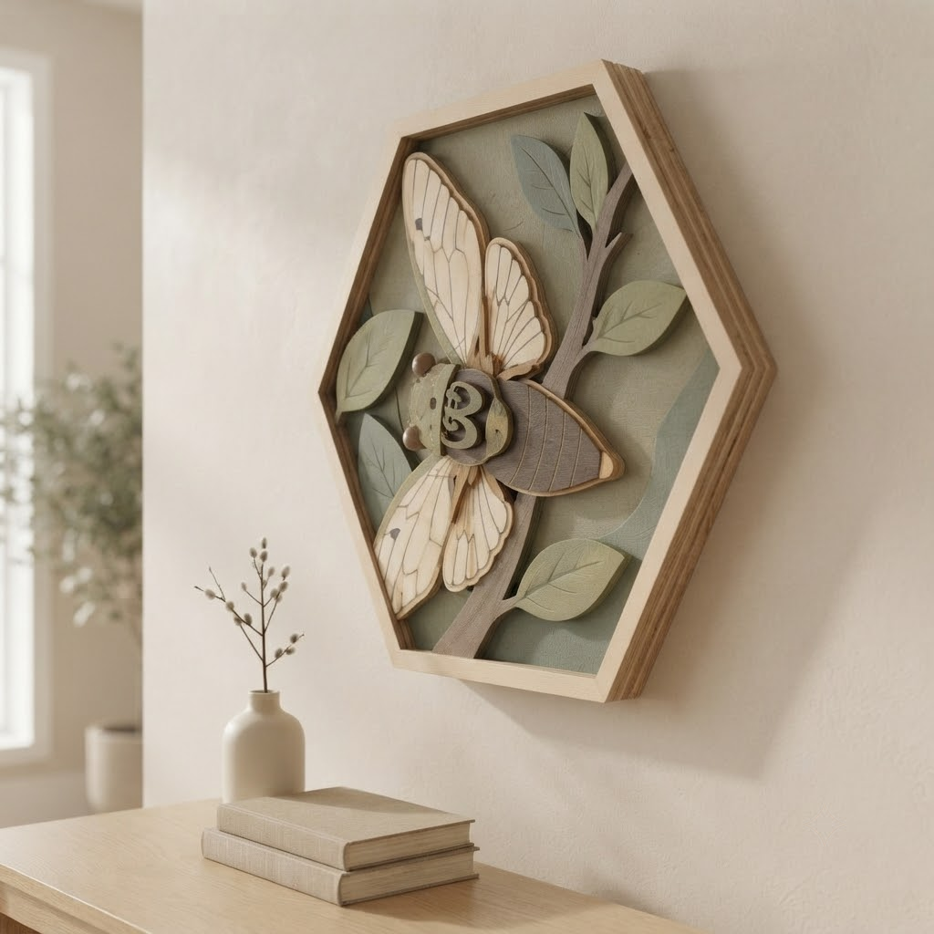 Cicada Wooden Sign 3 Layer, Hexagon Insect Wall Decor, Nature Inspired Wood Plaque, Botanical Rustic Home Decor, Bug Lover Gift