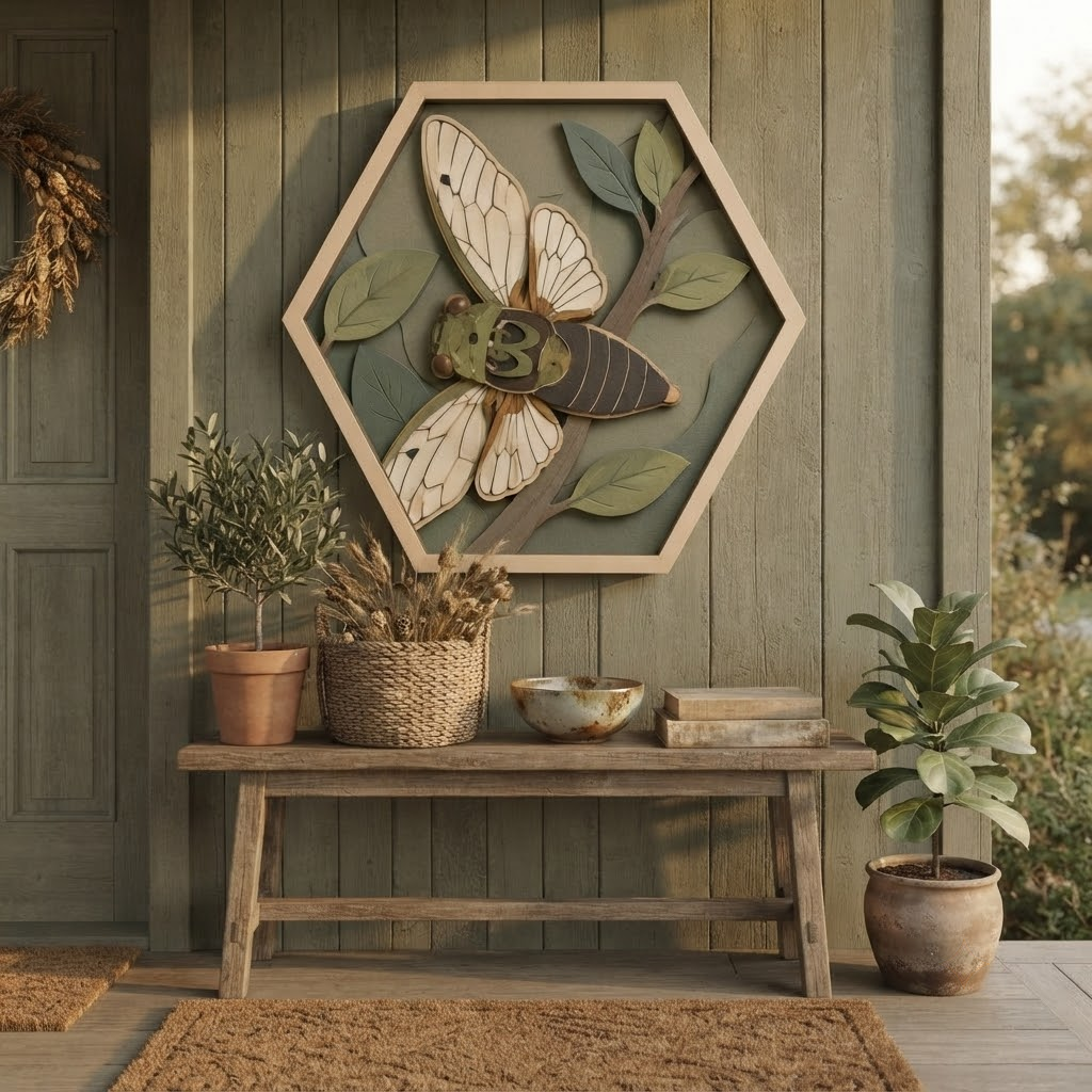 Cicada Wooden Sign 3 Layer, Hexagon Insect Wall Decor, Nature Inspired Wood Plaque, Botanical Rustic Home Decor, Bug Lover Gift