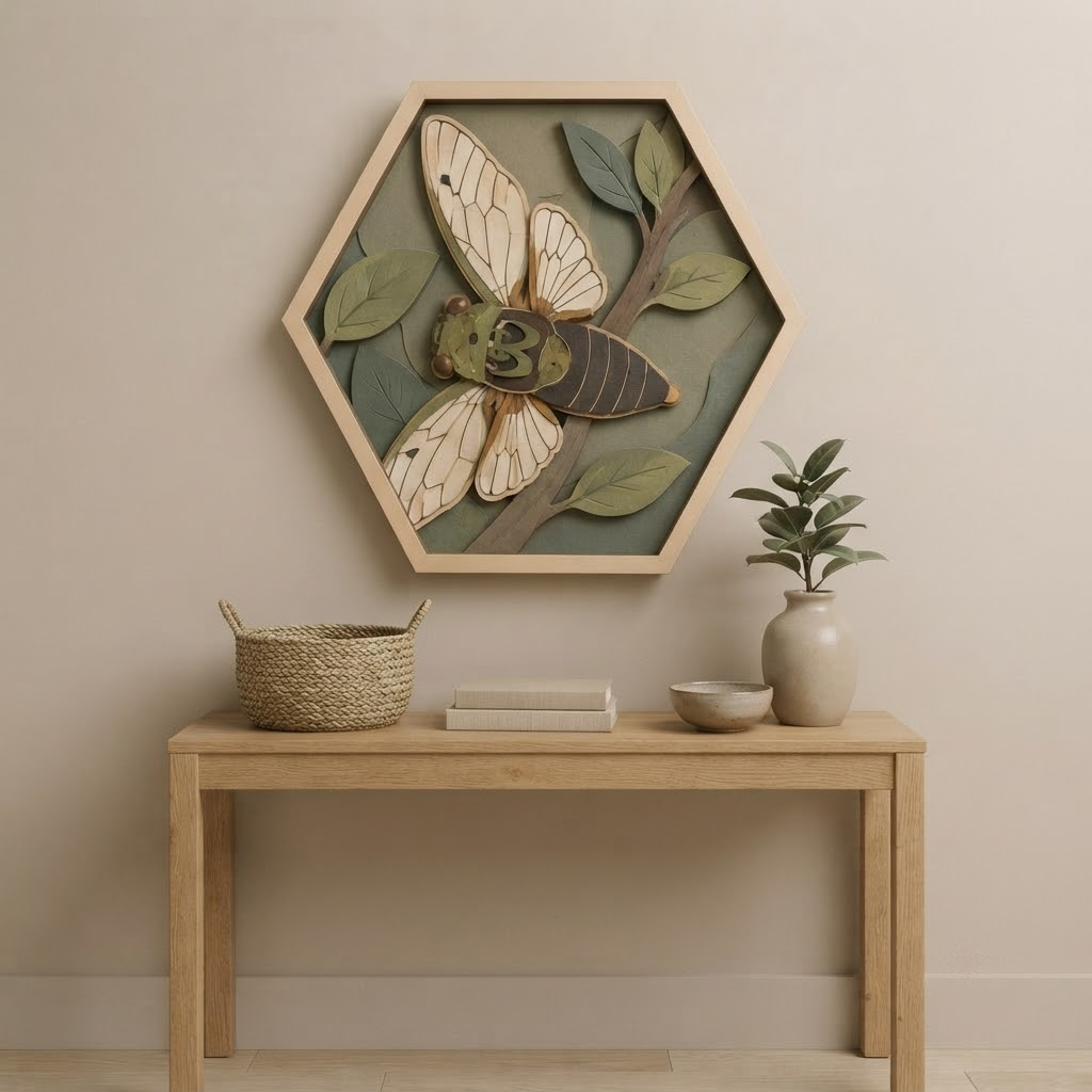Cicada Wooden Sign 3 Layer, Hexagon Insect Wall Decor, Nature Inspired Wood Plaque, Botanical Rustic Home Decor, Bug Lover Gift