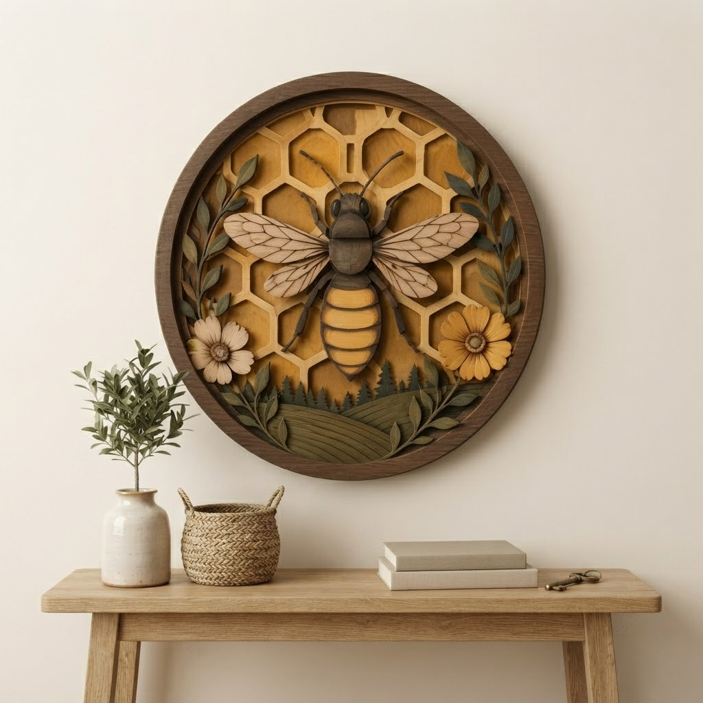 Bee Wooden Sign 3 Layer, Round Honeycomb Wall Decor, Rustic Bee Floral Wood Sign, Farmhouse Nature Decor, Bee Lover Gift
