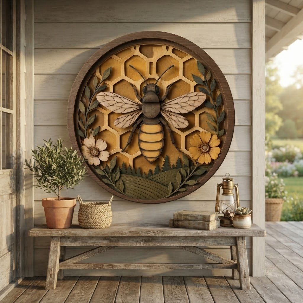 Bee Wooden Sign 3 Layer, Round Honeycomb Wall Decor, Rustic Bee Floral Wood Sign, Farmhouse Nature Decor, Bee Lover Gift