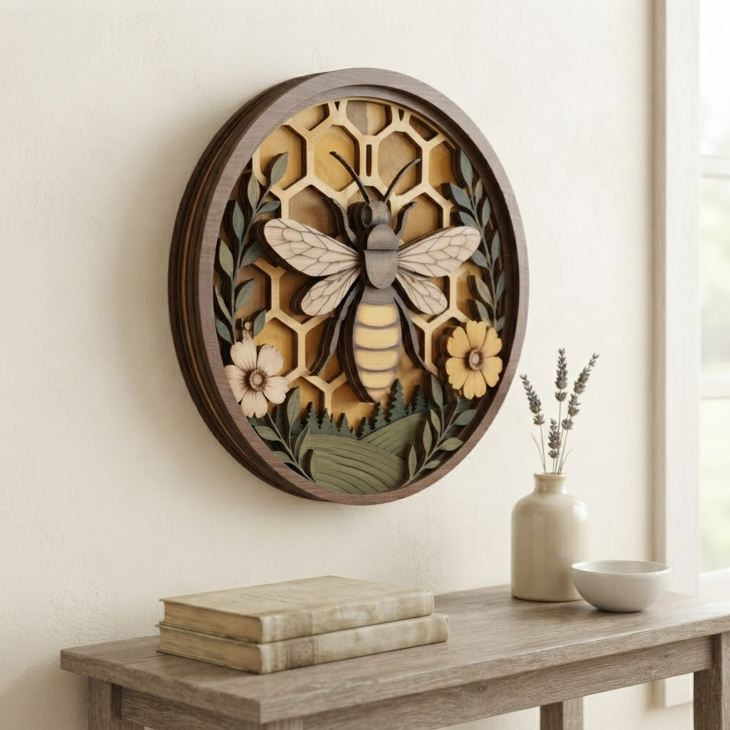 Bee Wooden Sign 3 Layer, Round Honeycomb Wall Decor, Rustic Bee Floral Wood Sign, Farmhouse Nature Decor, Bee Lover Gift