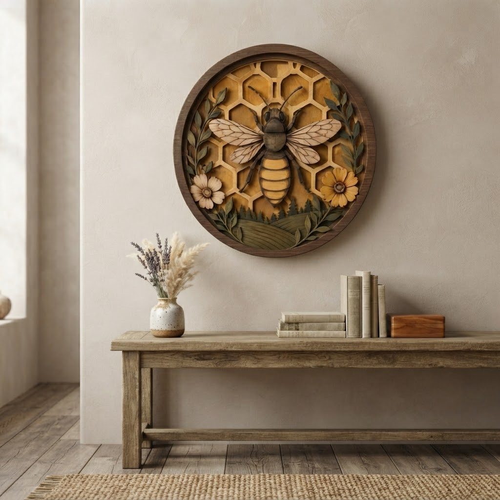 Bee Wooden Sign 3 Layer, Round Honeycomb Wall Decor, Rustic Bee Floral Wood Sign, Farmhouse Nature Decor, Bee Lover Gift