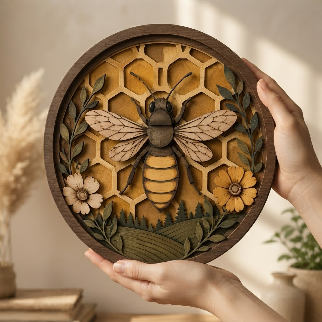 Bee Wooden Sign 3 Layer, Round Honeycomb Wall Decor, Rustic Bee Floral Wood Sign, Farmhouse Nature Decor, Bee Lover Gift