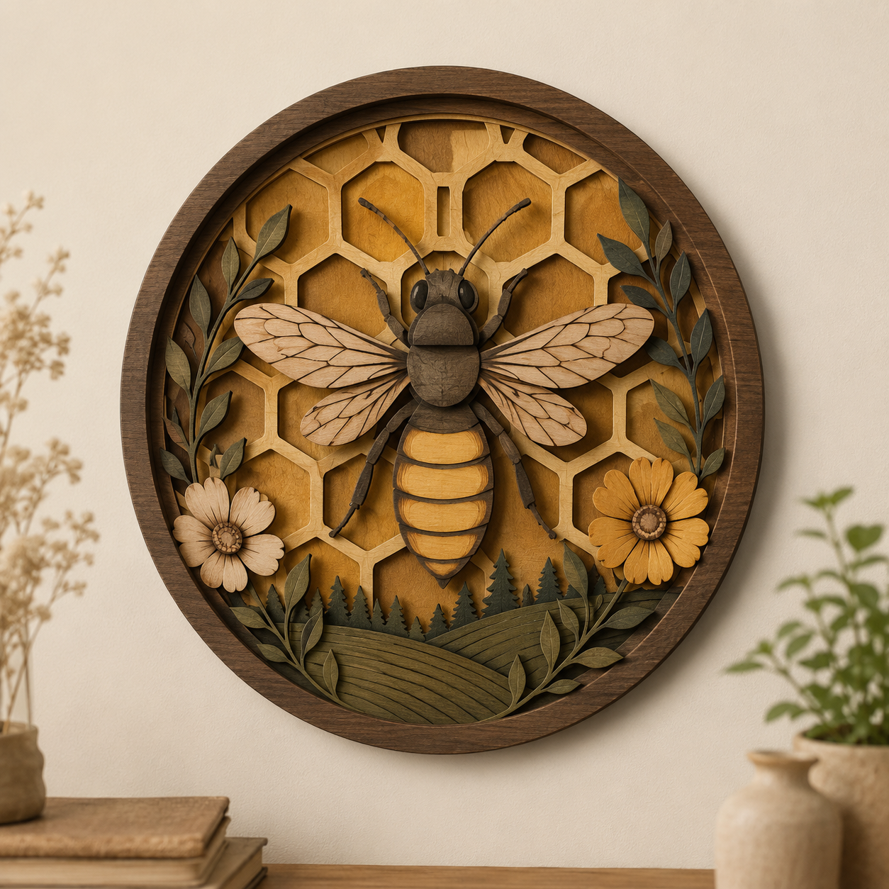 Bee Wooden Sign 3 Layer, Round Honeycomb Wall Decor, Rustic Bee Floral Wood Sign, Farmhouse Nature Decor, Bee Lover Gift